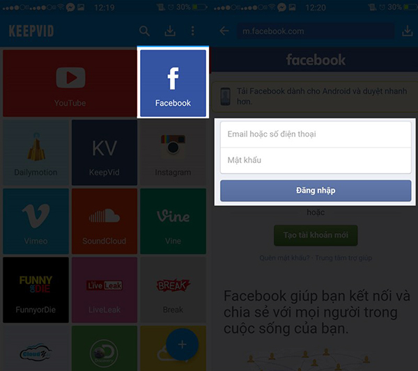 Đăng nhập tài khoản Facebook từ Keepvid
